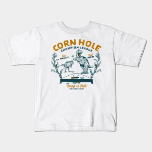 Cornhole Champion League: Funny T-Rex & Beer Art Kids T-Shirt